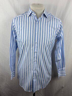 Proper Cloth Stanton 120s Light Blue Wide Stripe Dress Shirt Men's Medium Slim